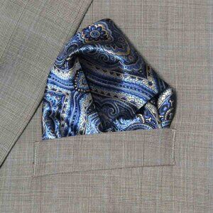 Gascoigne Pocket Square Blue Tan Black Flourish Fancy Geometric Men's